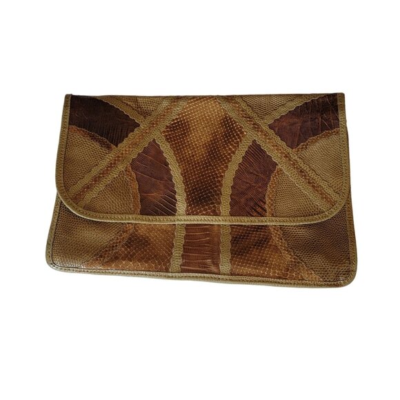 Vintage 80s CARLOS FALCHI Exotic Snakeskin Lizard Patchwork Envelope Clutch USA - Picture 1 of 8